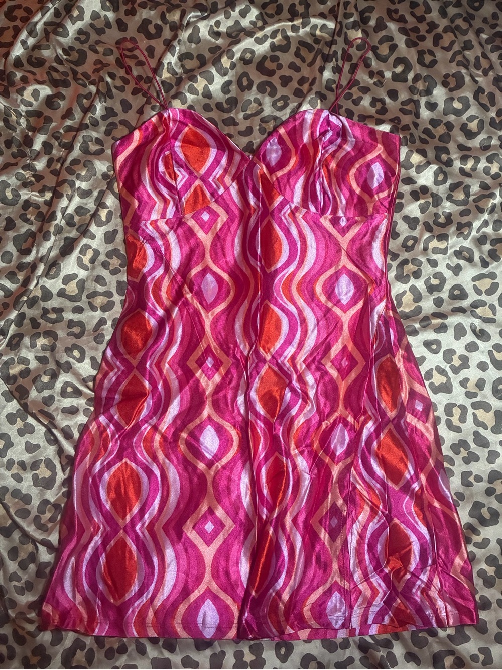 Pink & Red Geometric Slip Mini Dress with Spaghetti Straps